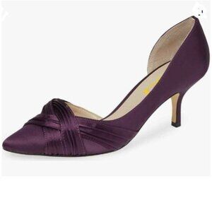 FSJ Women Low Kitten Heels Pointed Toe Slip on Pumps Pleated Satin Heels Purple